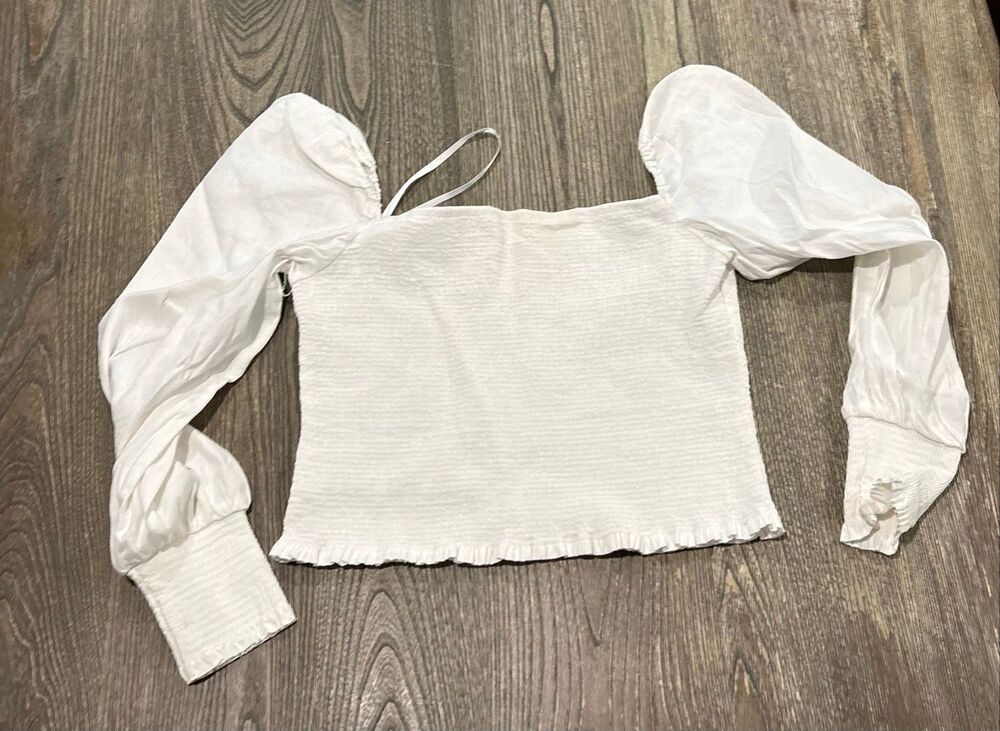 Gianni Bini Women's Smocked Square Neck Long Puff Sleeve Crop Top White Size XL